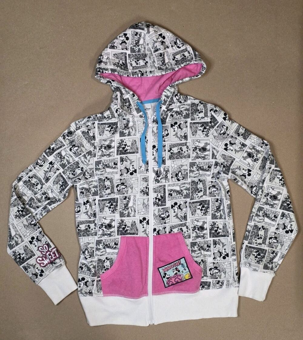 Disney Parks Hoodie Sweatshirt Womens Small Black White Comic Strip Zip Up Mouse